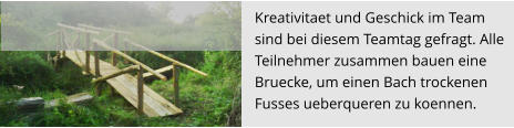 Kreativitaet und Geschick im Team  sind bei diesem Teamtag gefragt. Alle  Teilnehmer zusammen bauen eine  Bruecke, um einen Bach trockenen Fusses ueberqueren zu koennen.