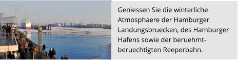 Geniessen Sie die winterliche  Atmosphaere der Hamburger  Landungsbruecken, des Hamburger  Hafens sowie der beruehmt-  beruechtigten Reeperbahn.